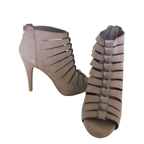 Fergalicious Tinder Taupe High Heel Ankle Booties With Strappy Design & Back Zip - Picture 2 of 5